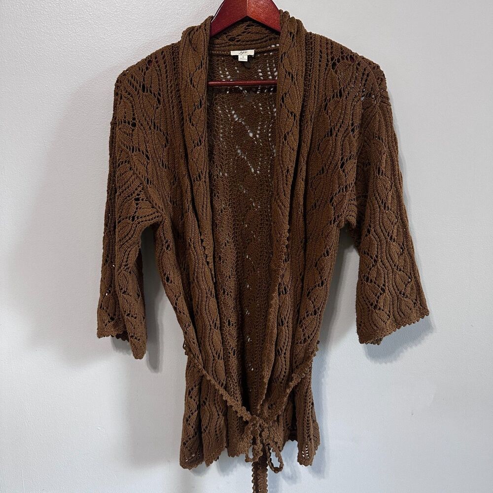 J. Jill Womens Cardigan Small Brown Open Knit Sweater Tie Boho 3/4 Sleeve